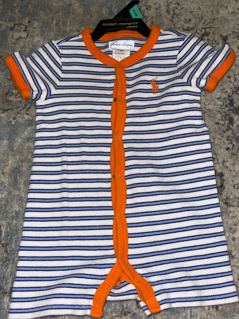 Polo by Ralph Lauren White & Navy Striped Baby Romper with Orange Trim